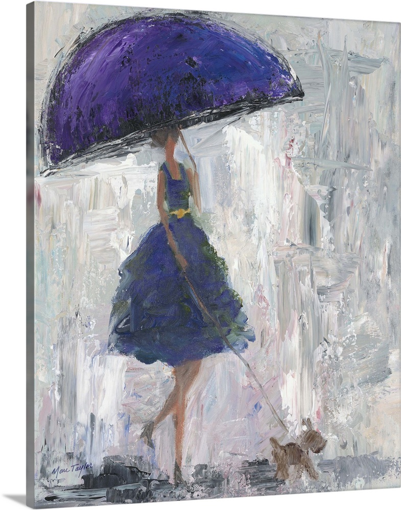 Contemporary painting of a woman in a blue dress walking in the rain with a purple umbrella.
