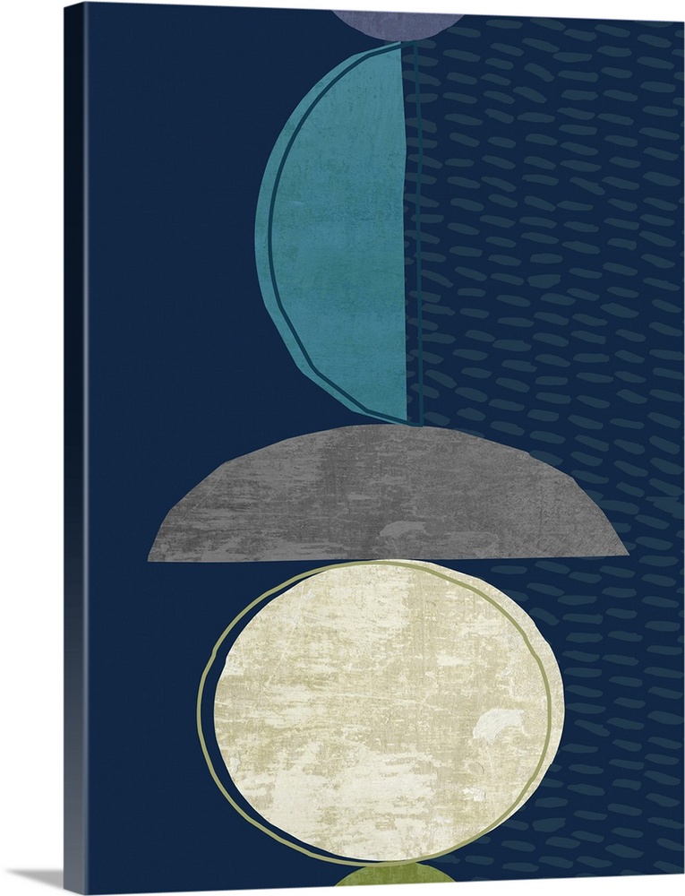 Midcentury style abstract art of semi-circle shapes in blue, grey, and white on navy blue.