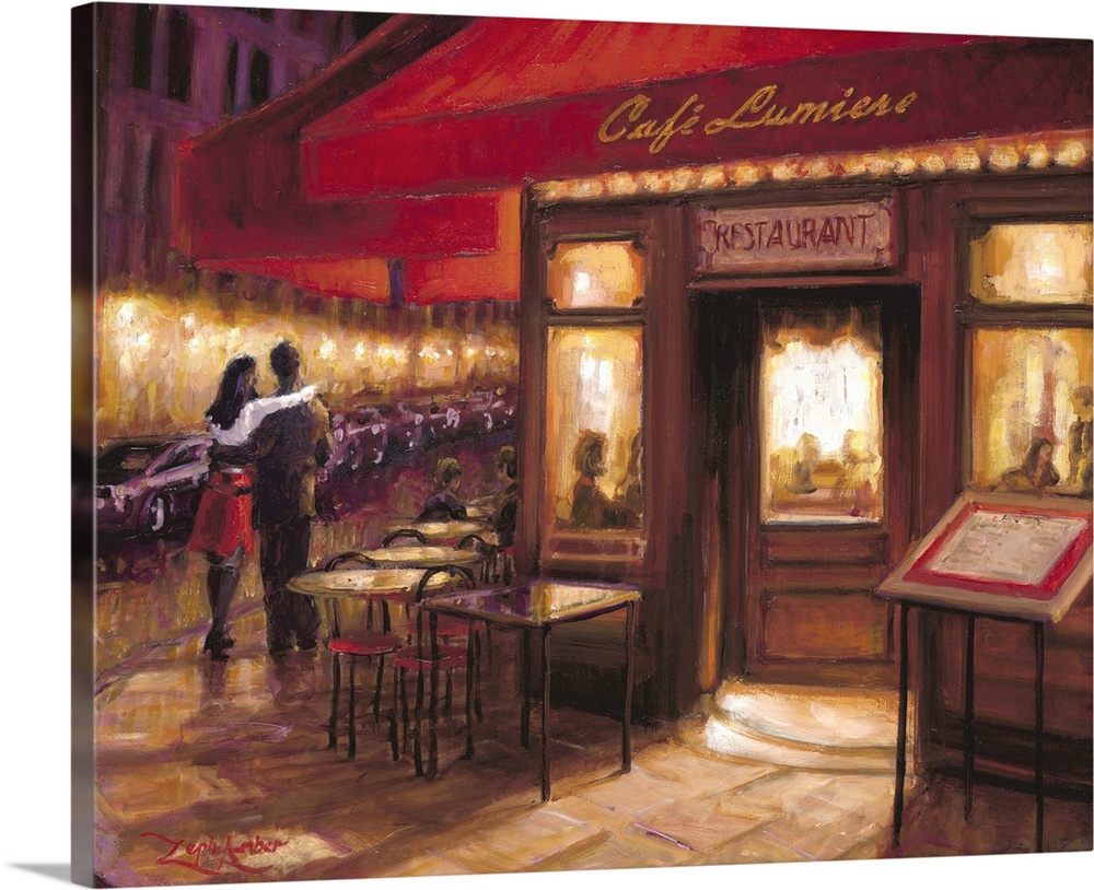 Contemporary painting of a couple in a loving embrace walking by a cafe at night.