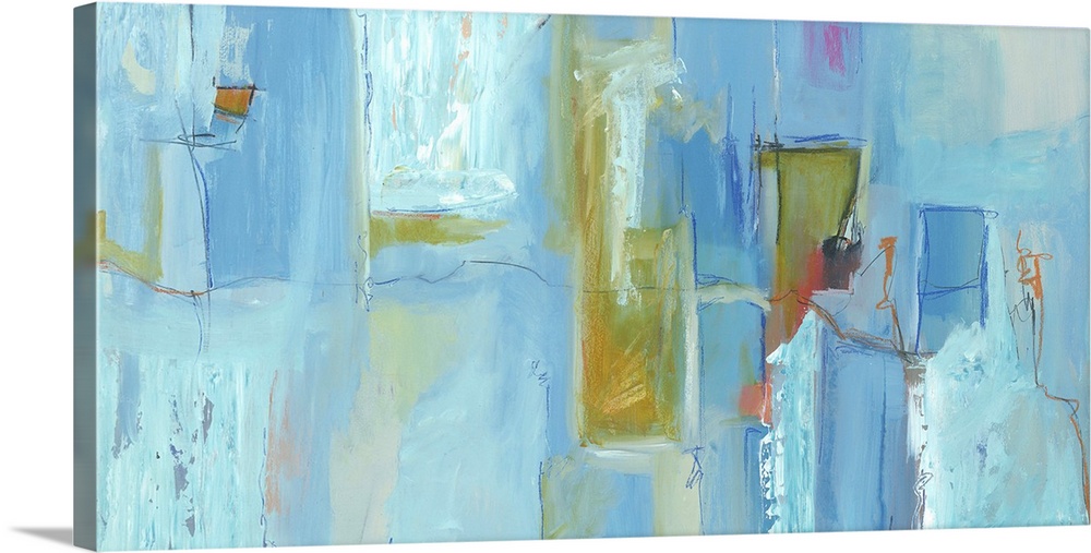 Contemporary abstract painting using tones of blue in vertical strokes.