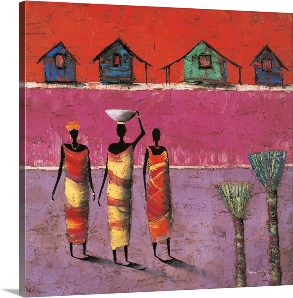 Contemporary painting of three figures standing in front of colorful houses in the background.