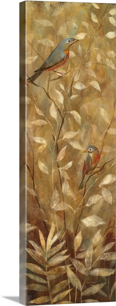 Vertical painting of two garden birds on golden branches.