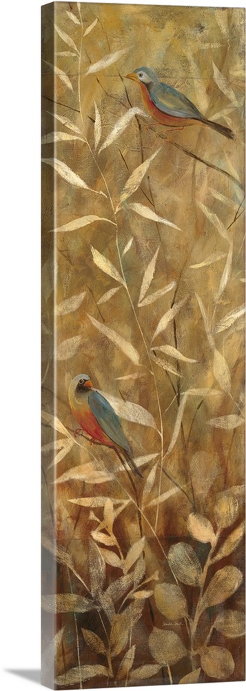 Vertical painting of two garden birds on golden branches.