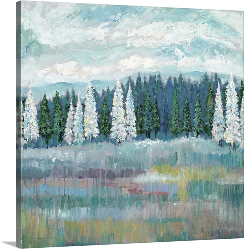 Contemporary artwork of a field with an evergreen forest with white and green trees at the edge.