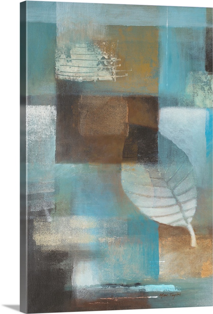 Contemporary abstract painting of geometric shapes and leaves in cool tones.