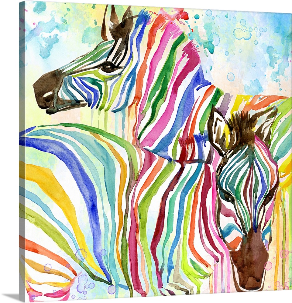 Two zebras with rainbow stripes.