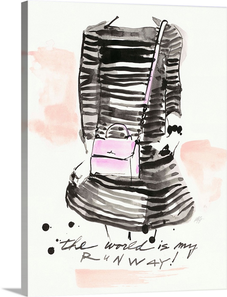 Watercolor fashion artwork of a woman wearing a striped dress and a pink purse.