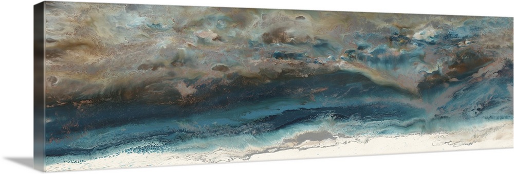 Abstract painting in deep blue and light beige resembling an aerial view of the ocean and shore.