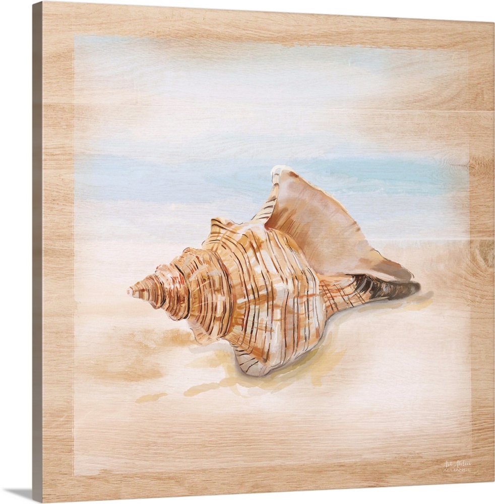 Beach theme home decor artwork of a seashells against a sandy scene.