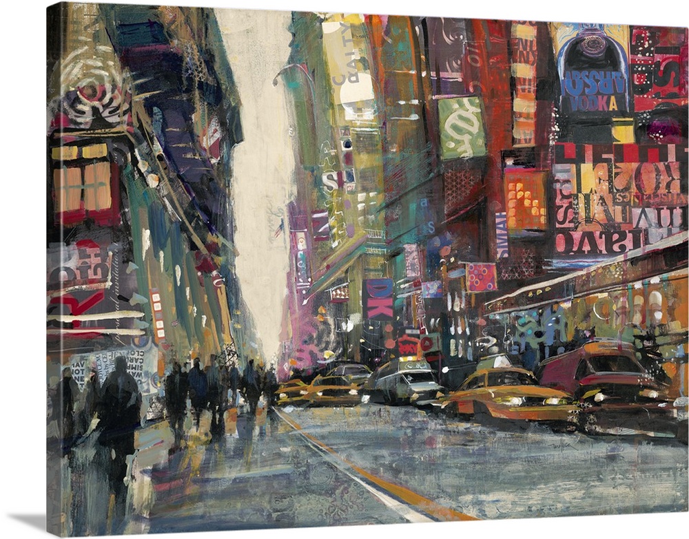 Contemporary painting of crowded city streets filled with taxi cabs.