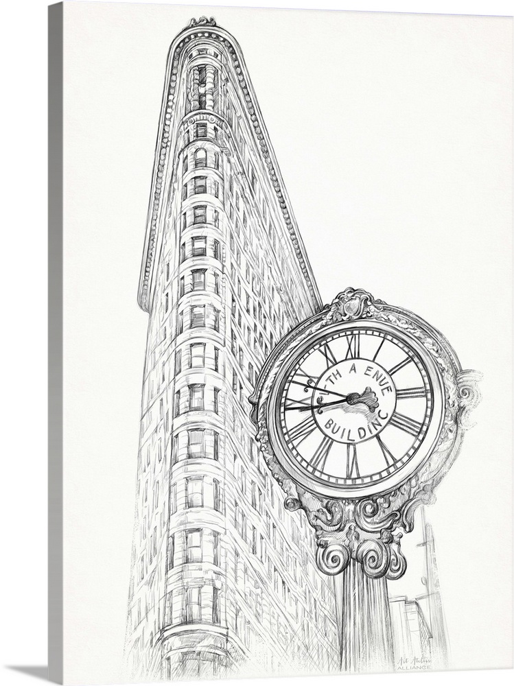 Contemporary illustrative home decor artwork of the Flat Iron building standing tall in New York city.