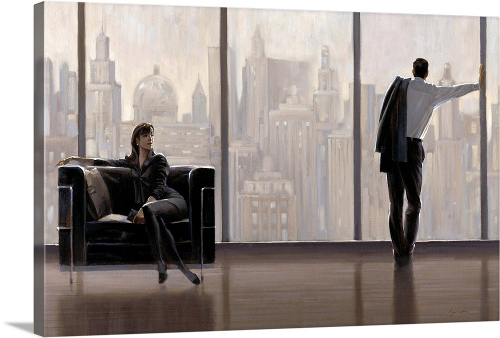Contemporary painting of woman sitting on a chair and man standing at a large window looking out at a city skyline.