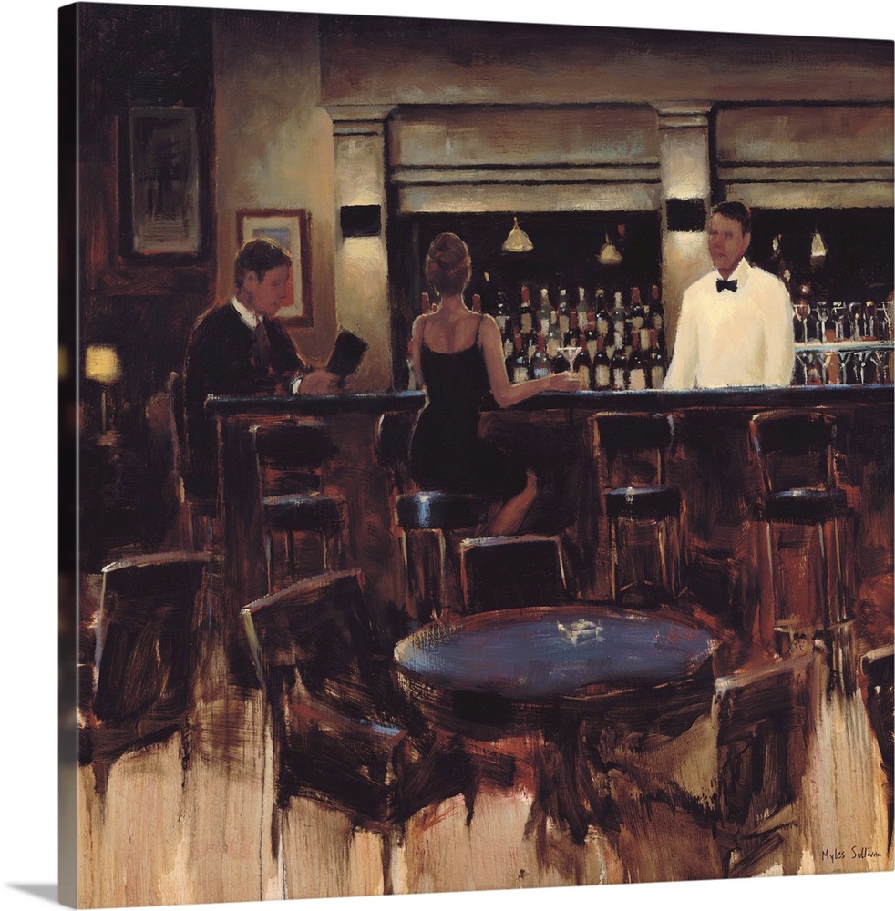 Contemporary painting of a bartender serving drinks to a man and a woman.