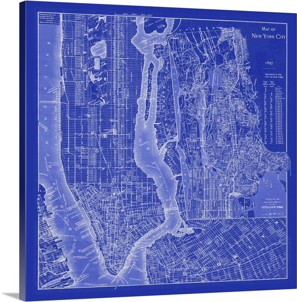Vintage blueprint style map of New York City.