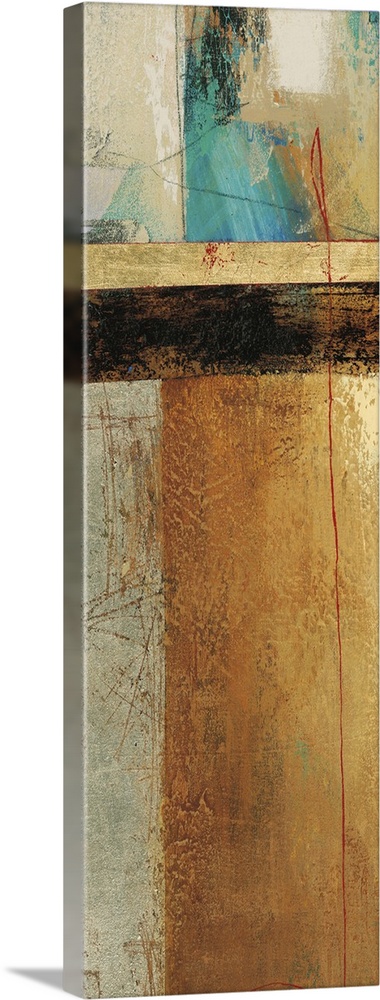 Contemporary abstract artwork using rich earthy tones and textures, mixed with hints of aqua blue.