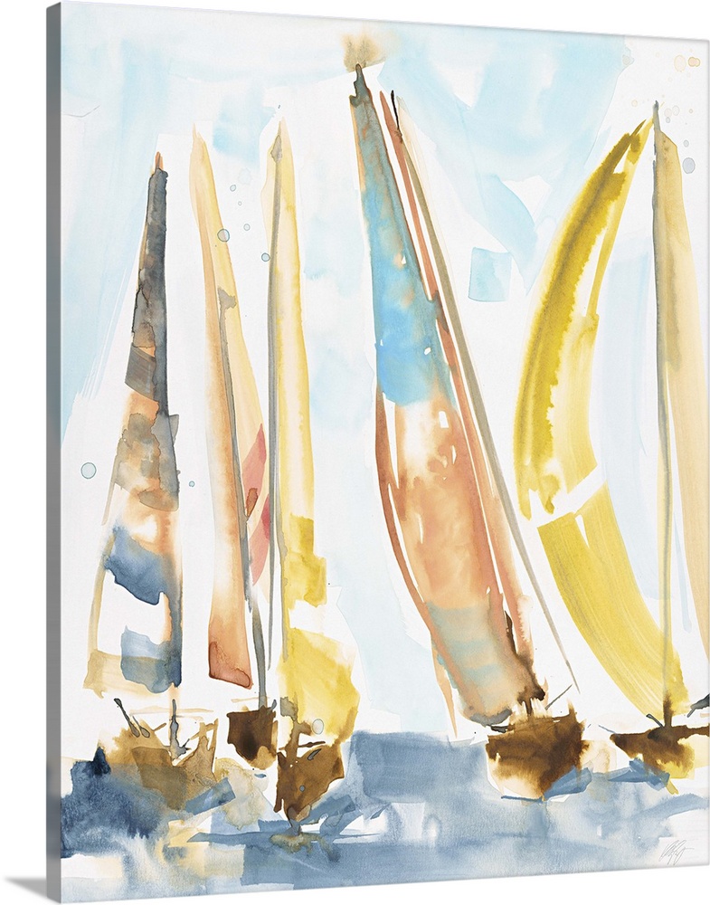 Watercolor painting of a regatta of sailboats on the water.