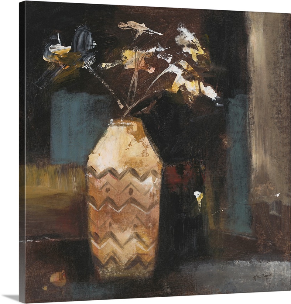 Contemporary painting of flowers in a patterned decorative vase.