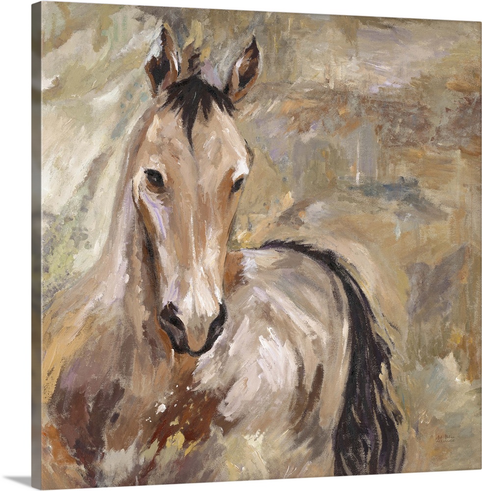 Home decor artwork of a lone brown horse against a brown background.