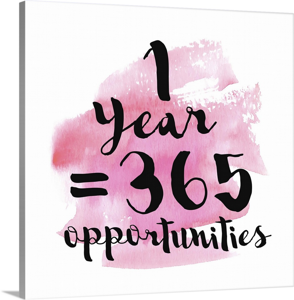 Handlettered black text reading "1 Year = 365 Opportunities" over a pink watercolor wash.
