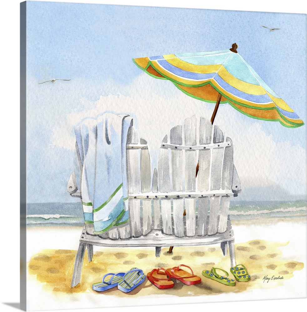 Contemporary home decor artwork of a white beach chair with an umbrella on the beach.