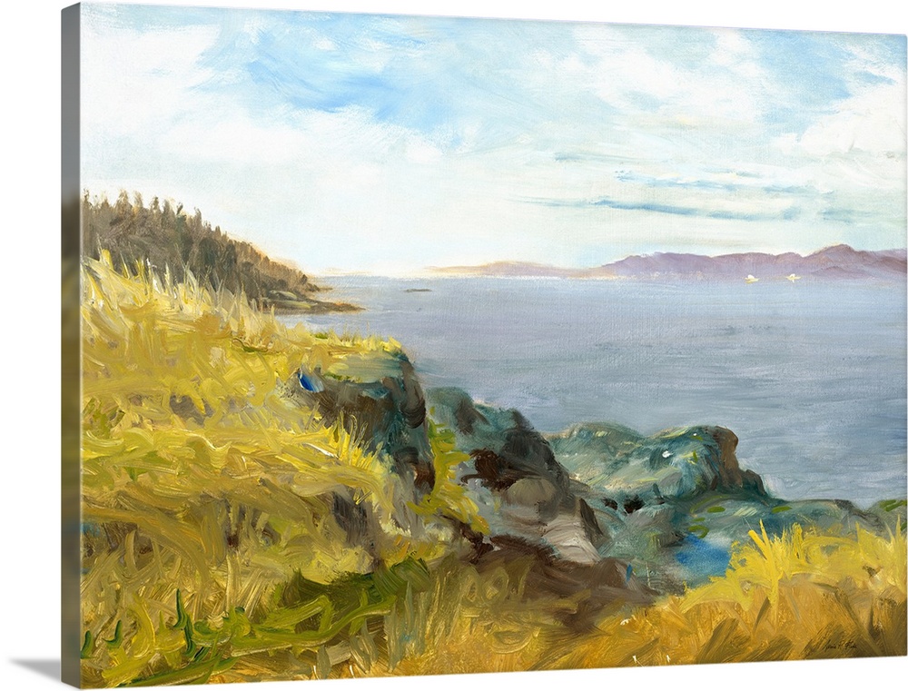 Contemporary artwork of a rocky cliff overlooking the ocean.