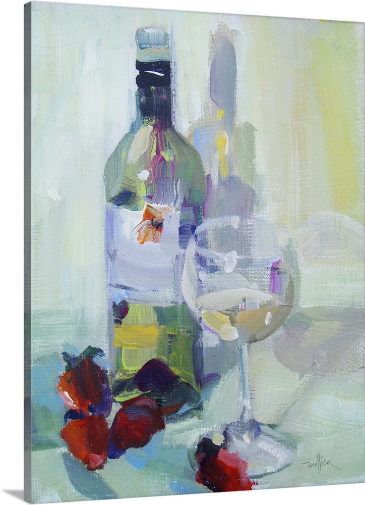 Contemporary painting of a glass filled with white wine, next to a bottle of white wine.