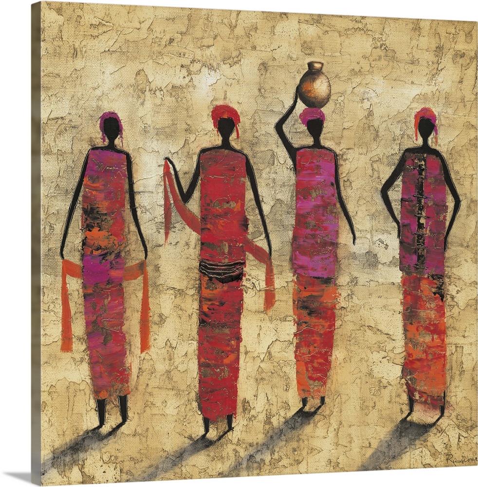 Contemporary painting of tribal female figures in colorful clothing