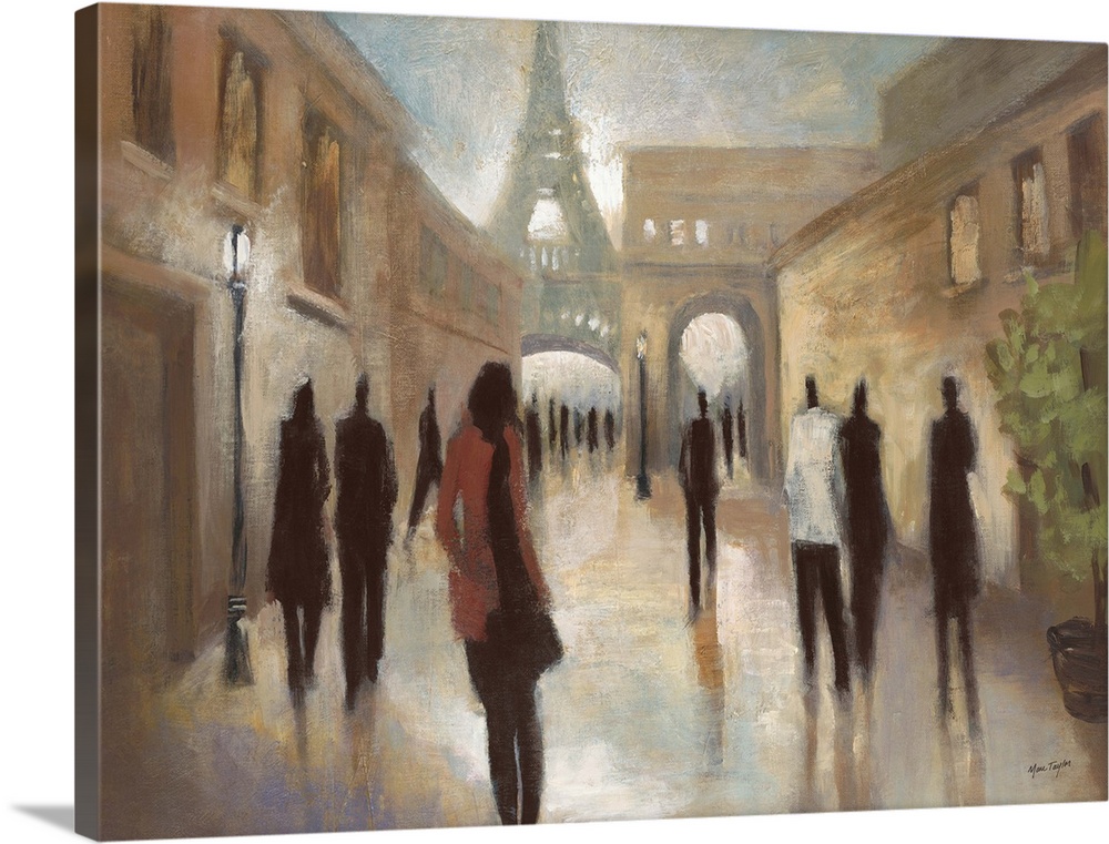 Contemporary painting of elongated figures walking along a Parisian street, with the Eiffel Tower in the background.