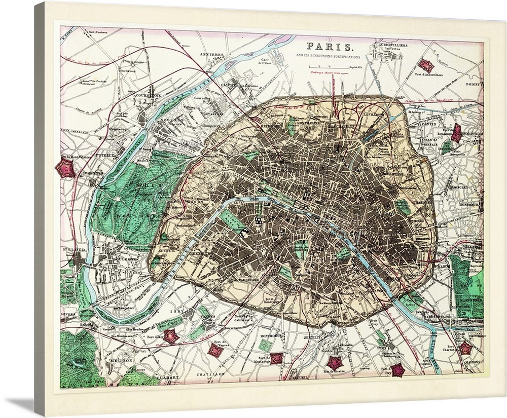 Vintage map of Paris, France and its surrounding fortifications.