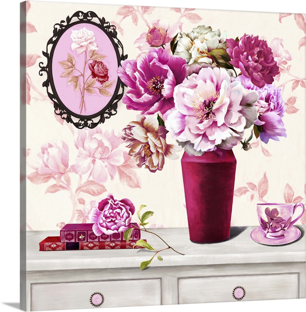 Contemporary vibrant home decor artwork of a floral still-life in bright pink tones.