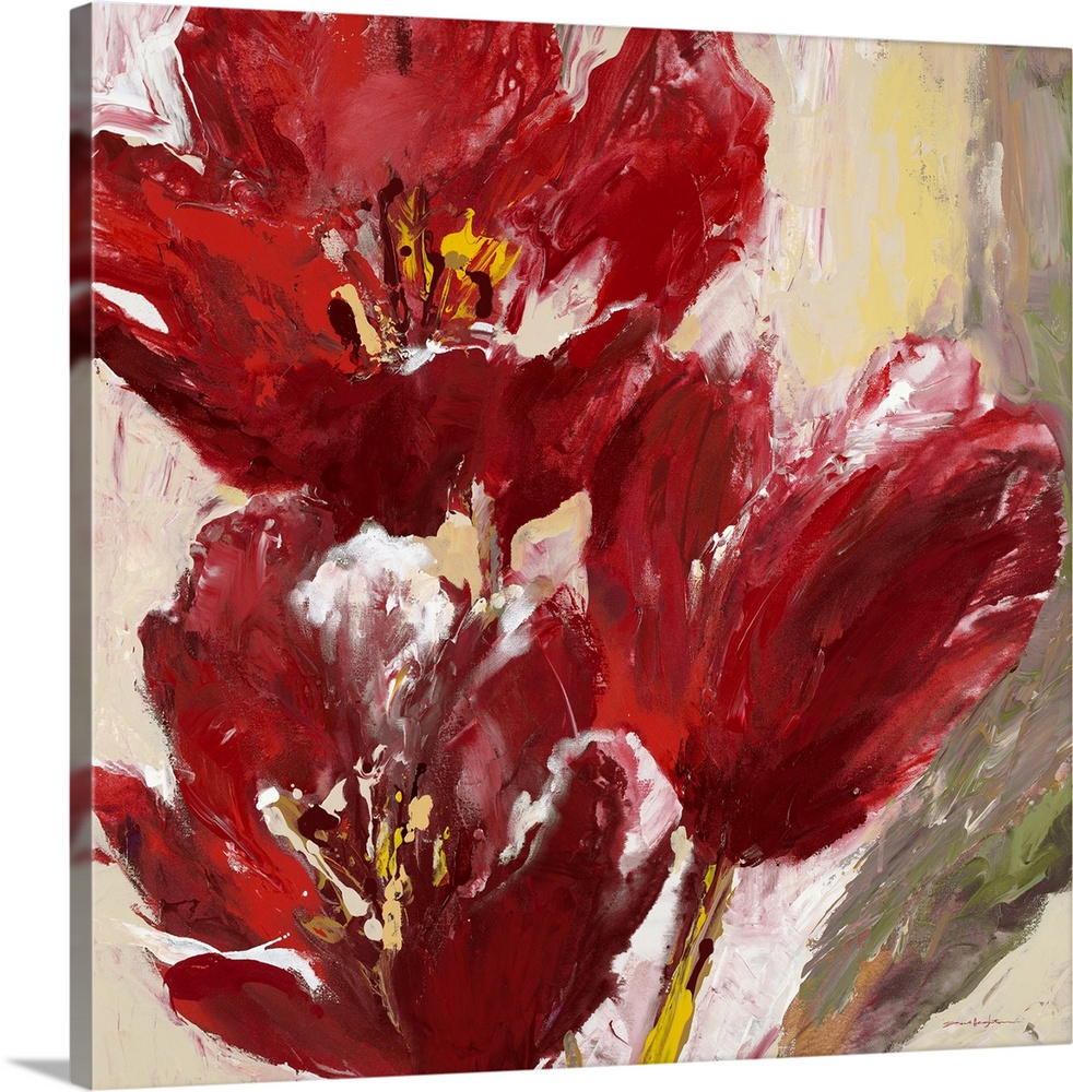 Contemporary painting of vibrant red tulip flowers.