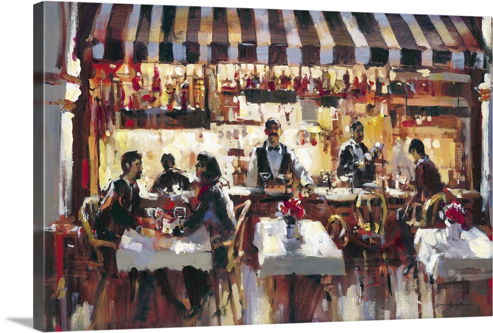 Contemporary painting of people eating at outdoor bistro.