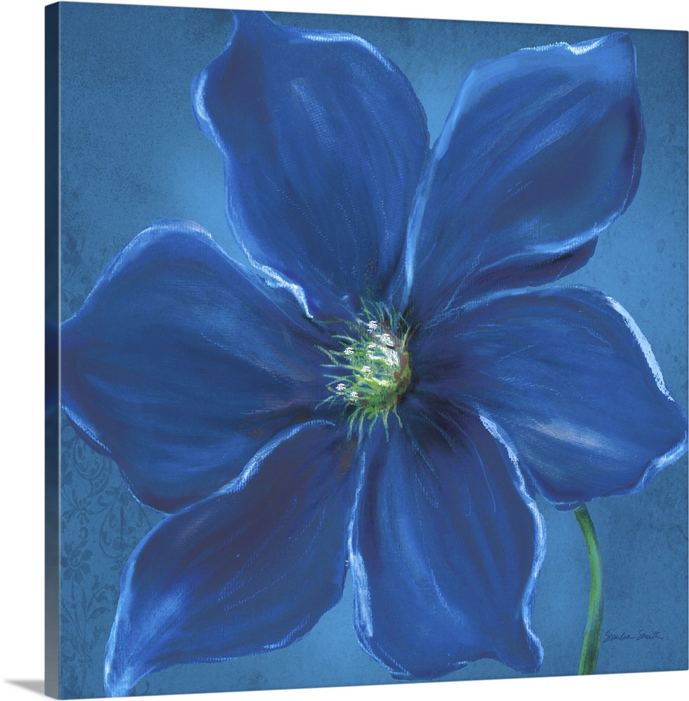 Close up painting of a deep blue flower with wide petals.