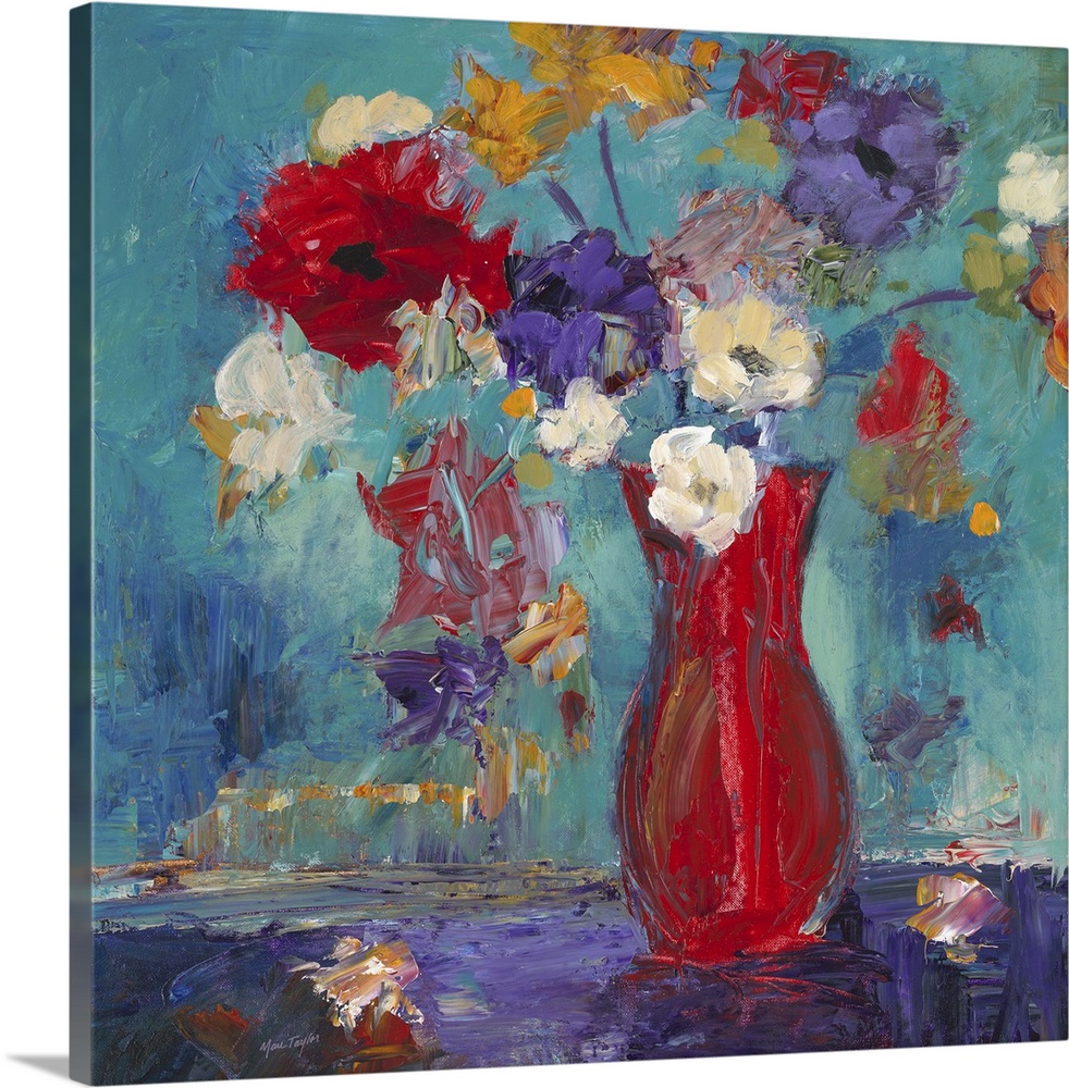 Contemporary still life painting of a red vase filled with colorful flowers.