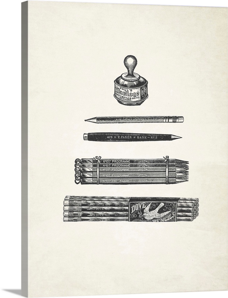 Black and white illustrations of antique pens and pencils on a sepia toned background.