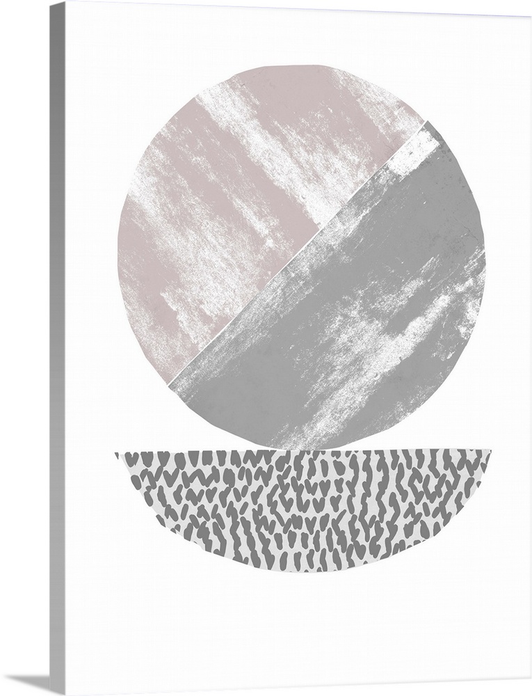 Abstract artwork with a midcentury feel of round shapes in grey and puce.