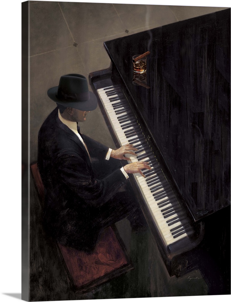 Contemporary painting of a man in a hat and suit playing a piano, with a cigar and drink sitting on top of the piano.