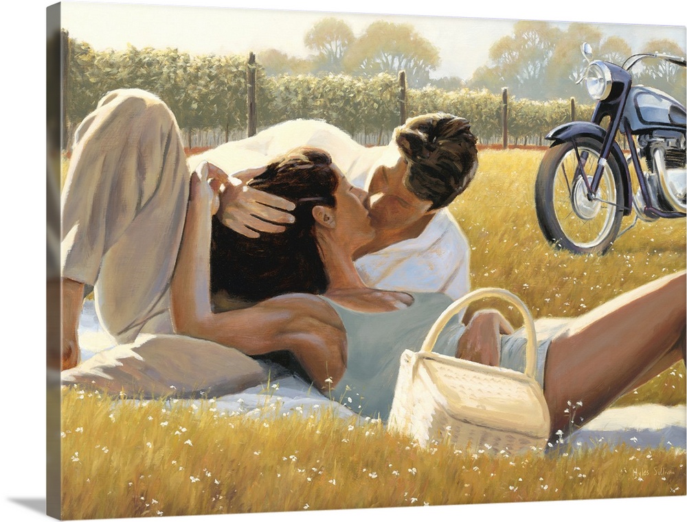 Contemporary painting of a man and woman kissing in a meadow.