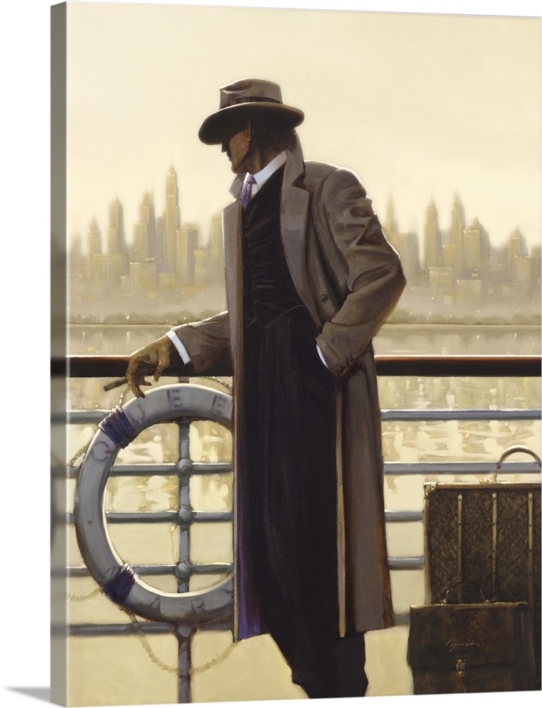Contemporary painting of man leaning on a railing of a ship, looking to the right.