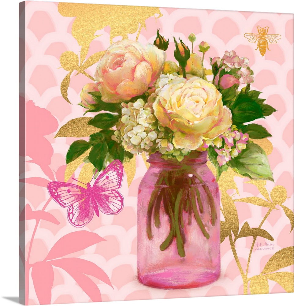 Contemporary home decor artwork of a vibrant yellow flowers in a light pink mason jar against a light pink patterned backg...