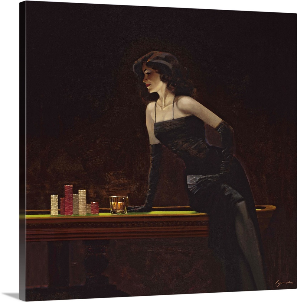 Contemporary painting of woman wearing a black cocktail dress sitting on the edge of a casino table, holding playing cards...