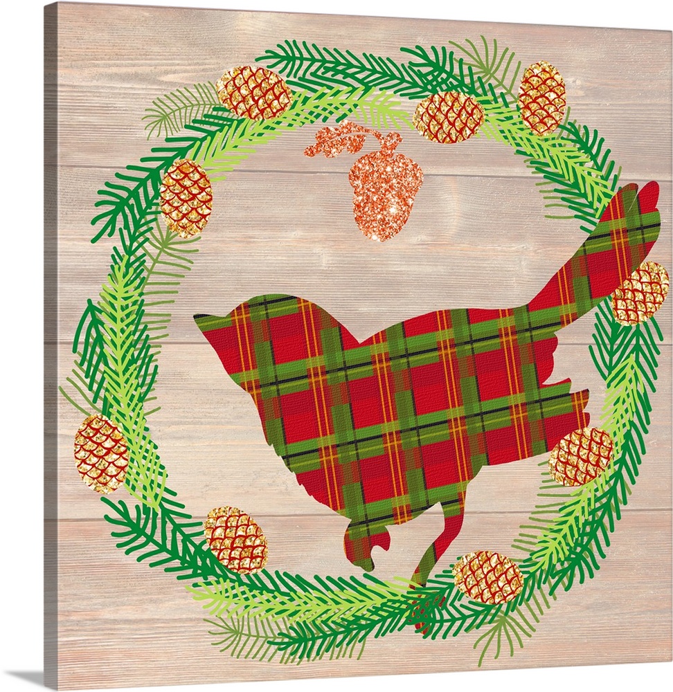 Plaid silhouette of a cardinal inside of a Winter wreath in blue, green, and gold hues on a faux wood background.