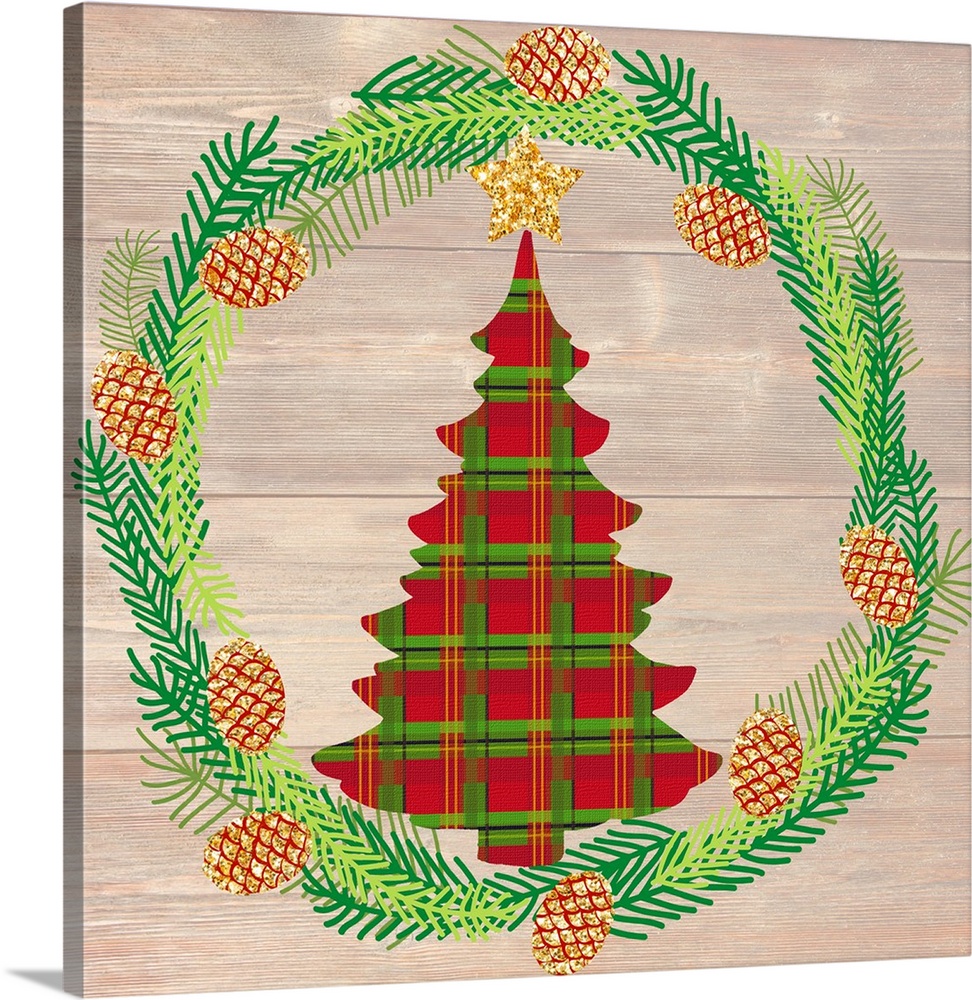 Plaid silhouette of a Christmas tree inside of a Winter wreath in blue, green, and gold hues on a faux wood background.