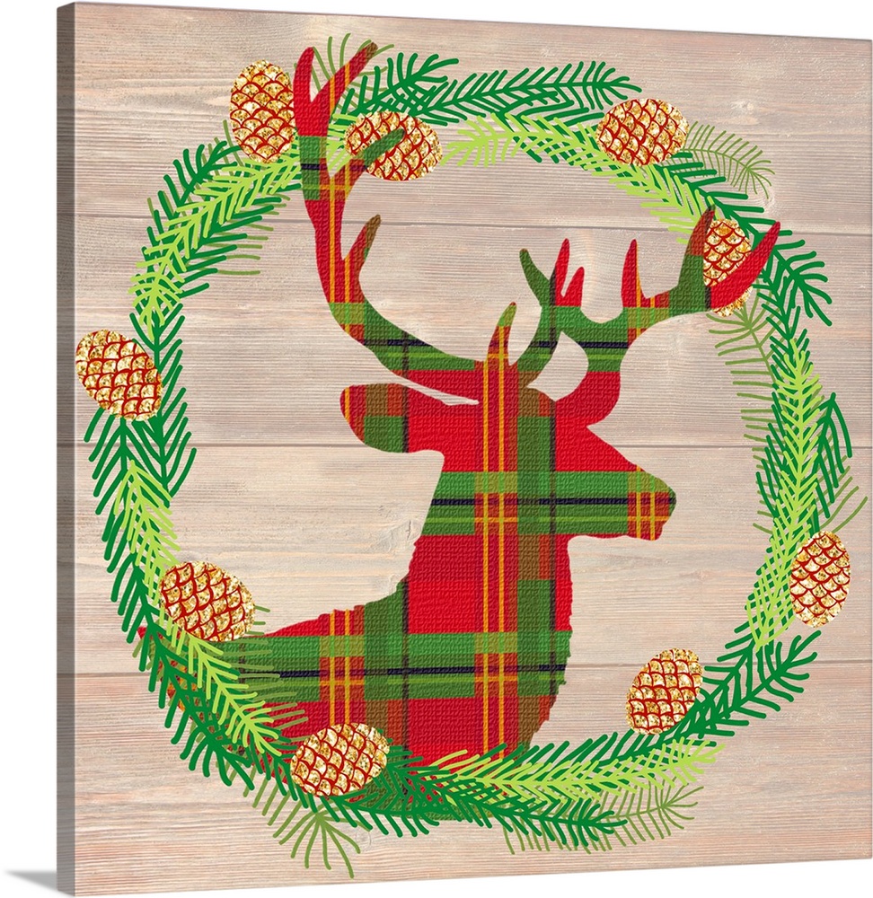 Plaid silhouette of a deer inside of a Winter wreath in blue, green, and gold hues on a faux wood background.
