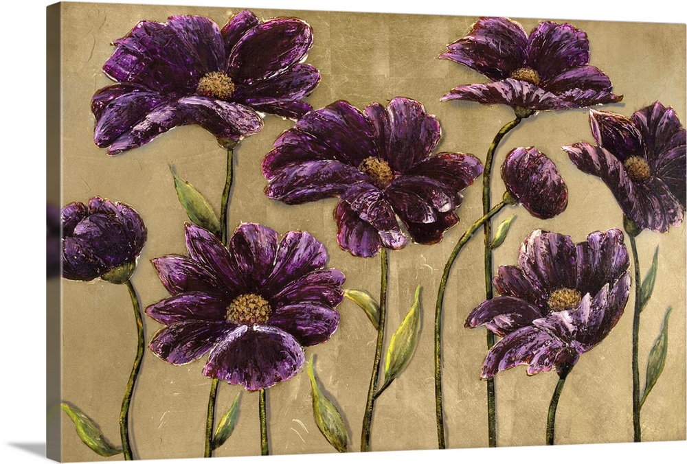 Home decor artwork of a dark purple flowers against a brown background.
