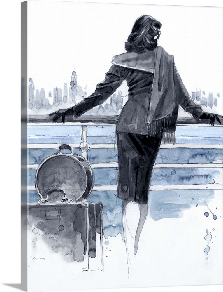 Contemporary painting of a woman standing in front of a railing on a ship, looking out at a city skyline.