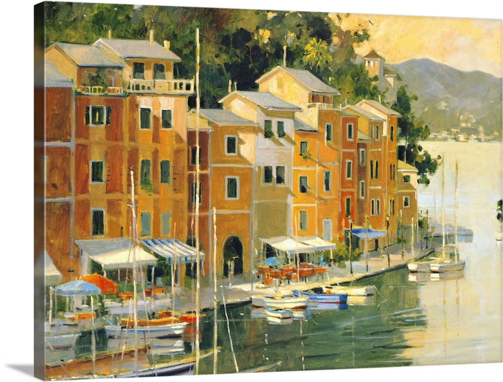 Contemporary painting of a village harbor, with yellow buildings.