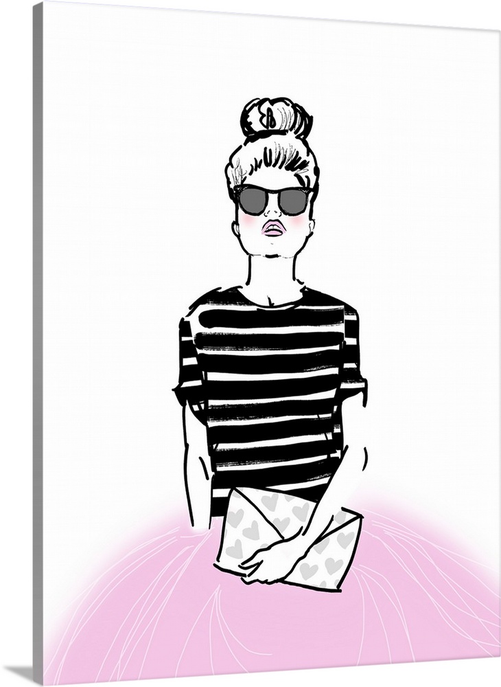 Illustration of a fashionable woman wearing sunglasses and carrying a purse with hearts on it in black, white, and pink hues.