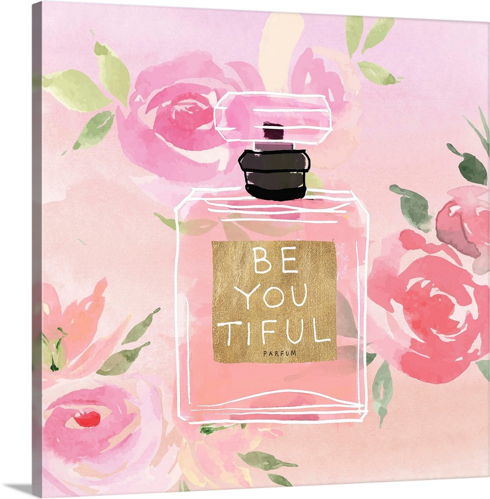 Watercolor perfume bottle labeled "be you tiful" with roses.