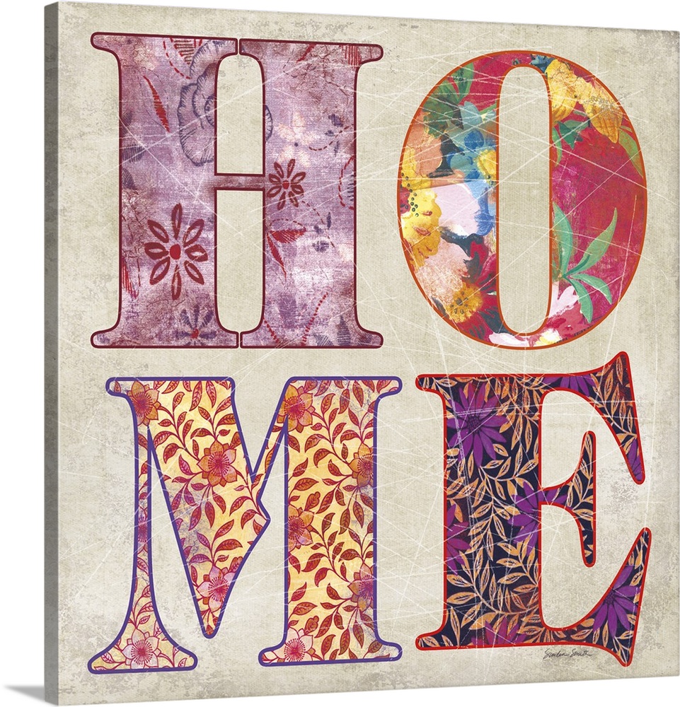 The word "home" with brightly colored patterns in each letter.